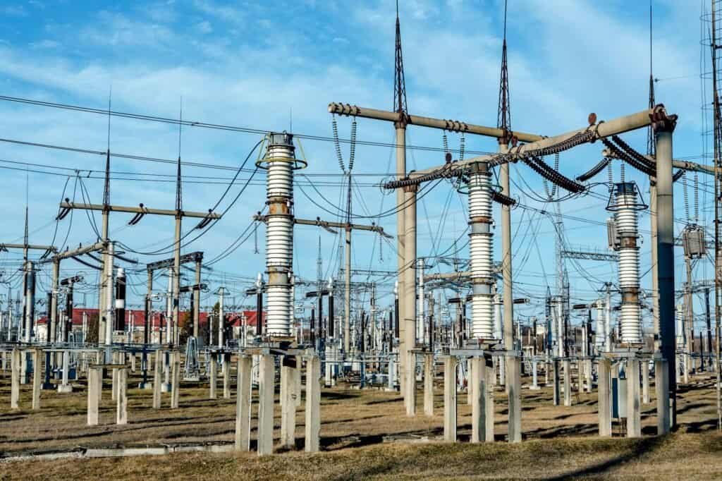 High voltage power transformer substation.